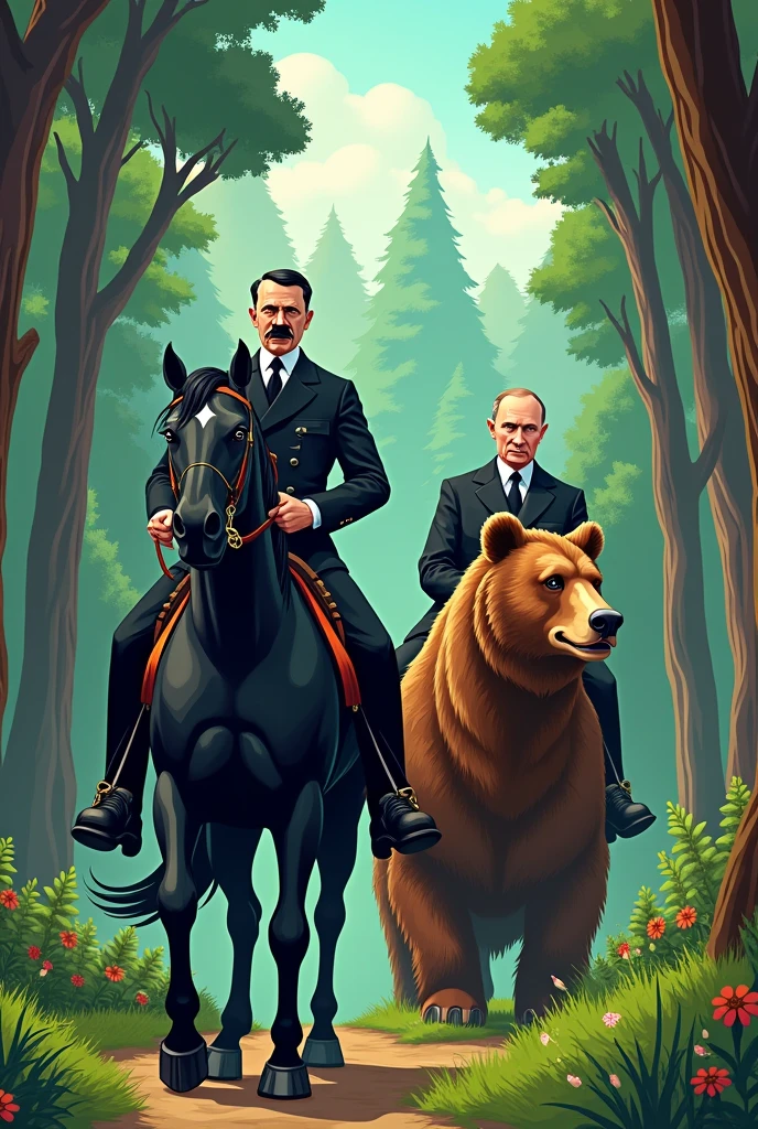 Adolf Hitler is riding a horse. Vladimir Putin is riding a bear. Both of them are smoking a cigarette. 