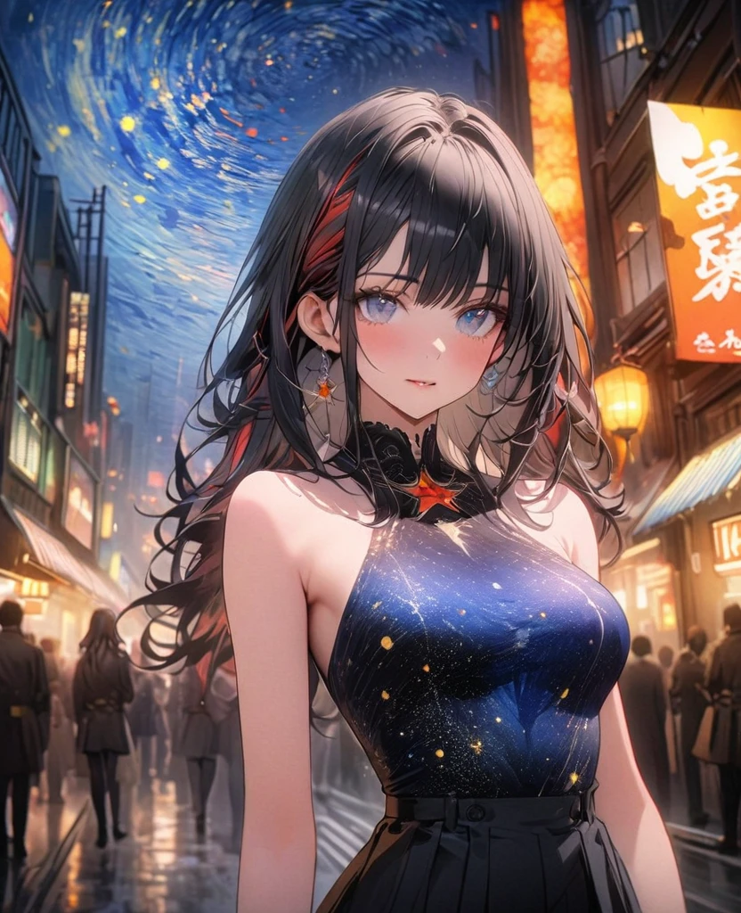 8k,Vibrant beauty，Very delicate and beautiful,Beautiful and realistic skin,Black Hair、Long and colorful hair,Beautiful Eyes,good,Beautiful starry night、City of night、uniform、whole body、Slender body