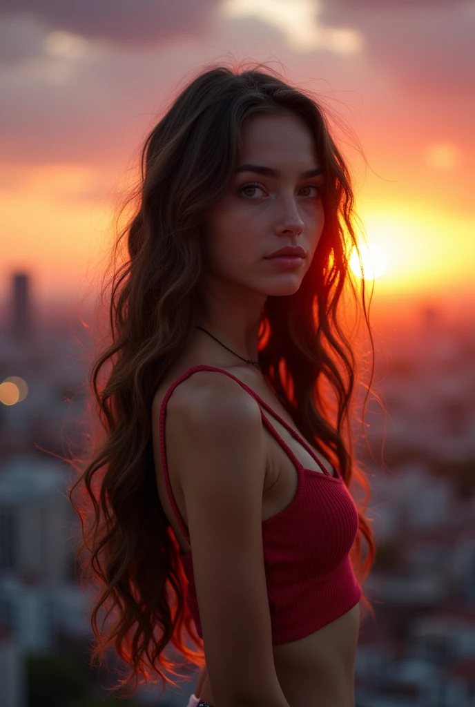 Long jaw and short hair on the sides with long hair on top、A tall girl with average build。