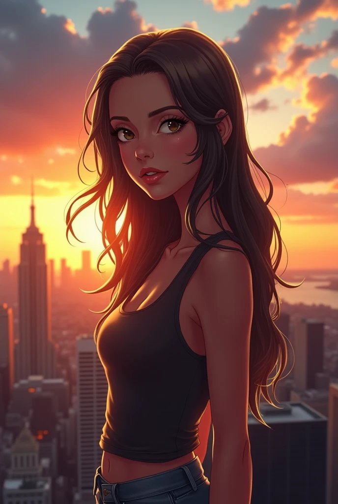 Long jaw and short hair on the sides with long hair on top、A tall girl with average build。