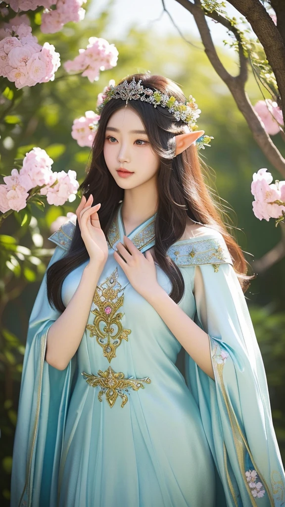 korean girl in a dress with flowers in her hair, a beautiful fantasy empress, beautiful face, beautiful maiden, beautiful and elegant elf queen, beautiful fantasy maiden, ((a beautiful fantasy empress)), fantasy outfit, fantasy beautiful, fantasy art style, very beautiful elven top model, beautiful elven princess, fantasy woman, beautiful goddess, ethereal beauty, hyperdetailed fantasy character