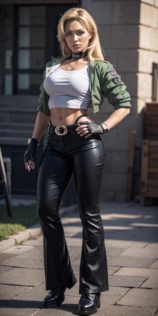 8k, masterpiece, best quality, ultra-detailed, sonyablade, 1girl, solo, long hair, blonde hair, cute blue eyes, breasts, choker, crop top, cropped green jacket, black fingerless gloves, full body, highleg panties, jacket, combat boots, lipstick, makeup, (abs:0.3), midriff, navel, black pants(Wide flares on pants:1.2),
