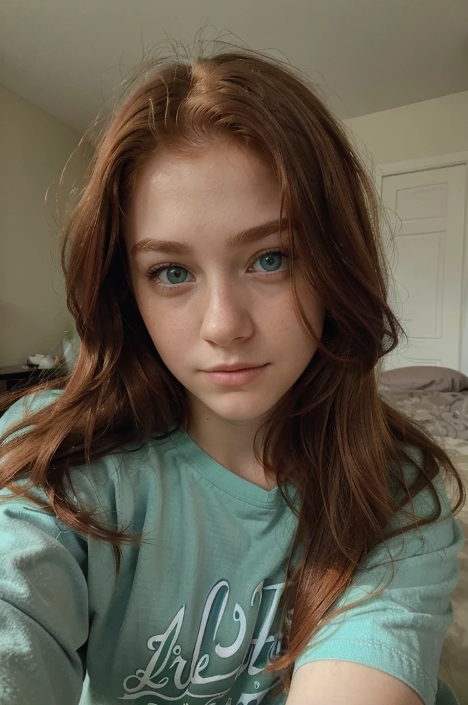 (beatiful,very realistic,16-year-old,,green eyes,redhead,realistic perfect face,more details in face and clothing)She taking selfies in bed