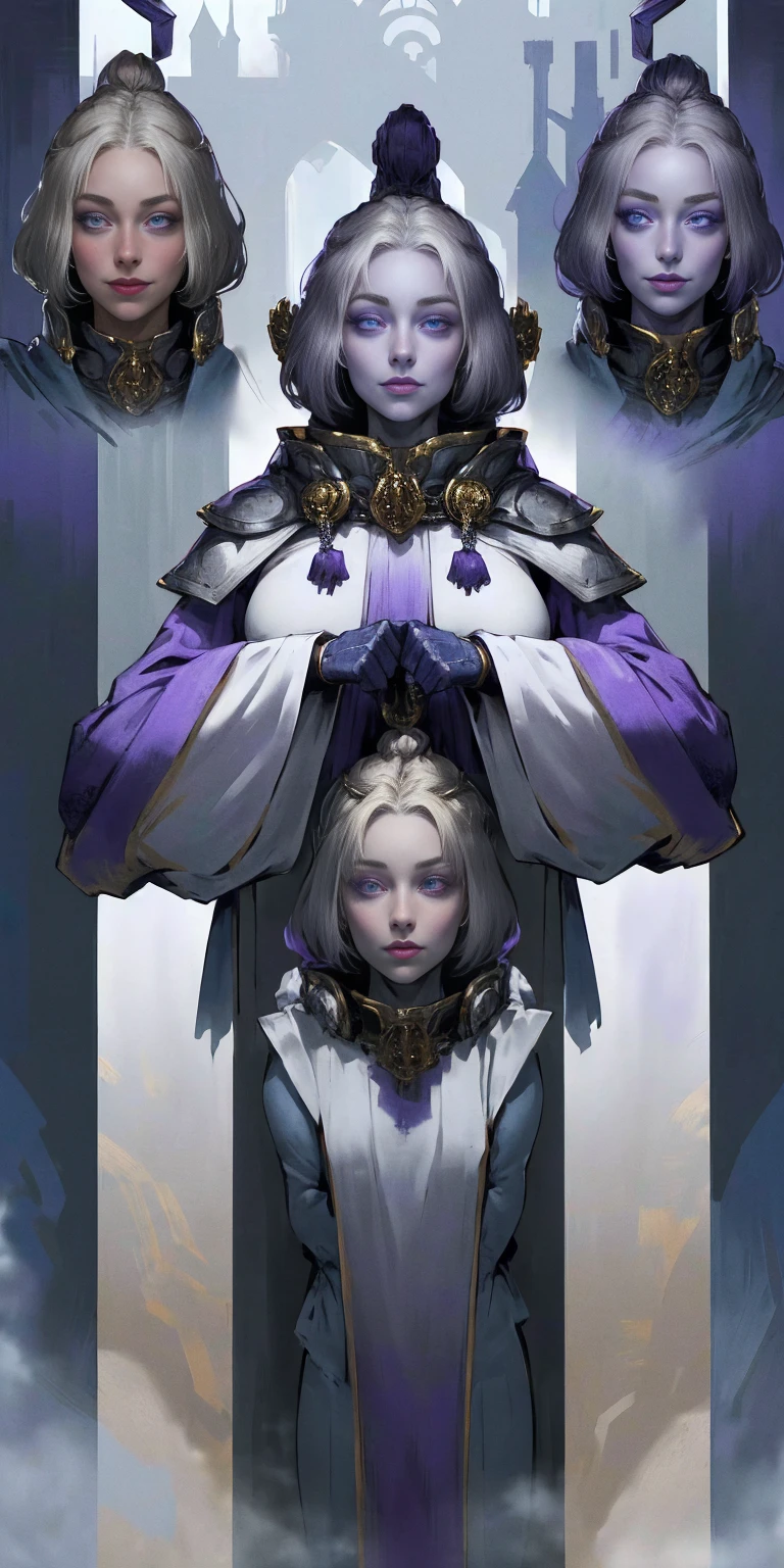 (Triplets)(chest covered)(smile)Gray skin, pale golden hair and violet eyes. They prefer clothing of white and silver with cloaks of deep blue or purple,village background, huge_knockers, ((very precise detailed)), ((highres)