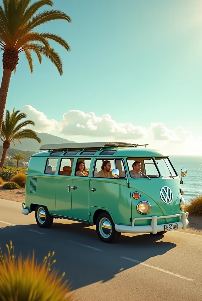 Modern Kombi with aqua green color that evokes nostalgia, launched in 2025, volkswagen, front engine with a longer front, with cozy interior