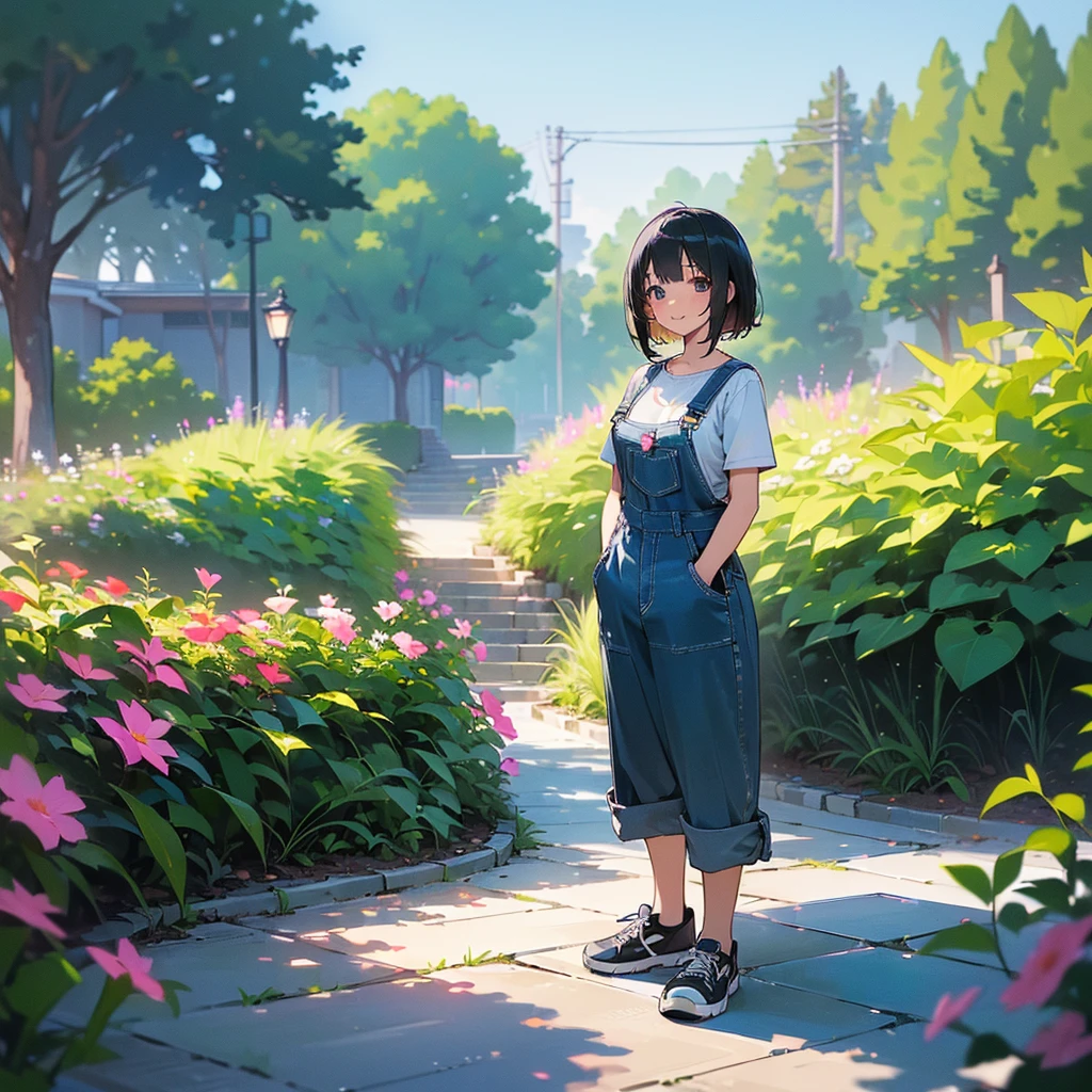 (high quality, High resolution, Very detailed, reality:1.37), Peaceful atmosphere, (Outdoor, garden), Teenage girl standing alone, (my breasts are big.), Beautiful details, Cute Smile, (Black bob hair), Short sleeve shirt, Overalls, Blue socks, sneakers.