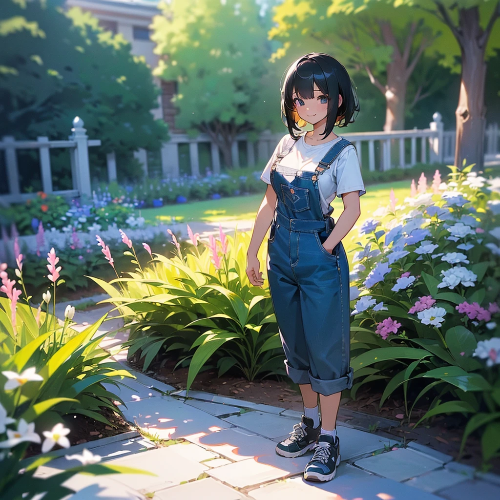 (high quality, High resolution, Very detailed, reality:1.37), Peaceful atmosphere, (Outdoor, garden), Teenage girl standing alone, (my breasts are big.), Beautiful details, Cute Smile, (Black bob hair), Short sleeve shirt, Overalls, Blue socks, sneakers.