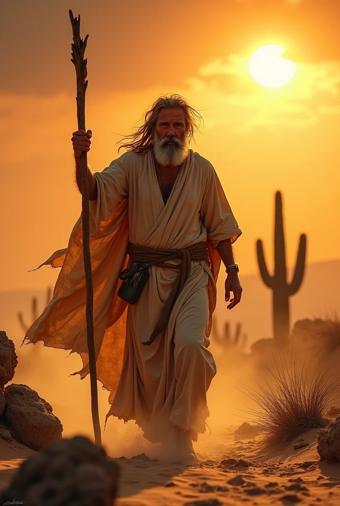 Holy man dressed in sackcloth in the desert fighting