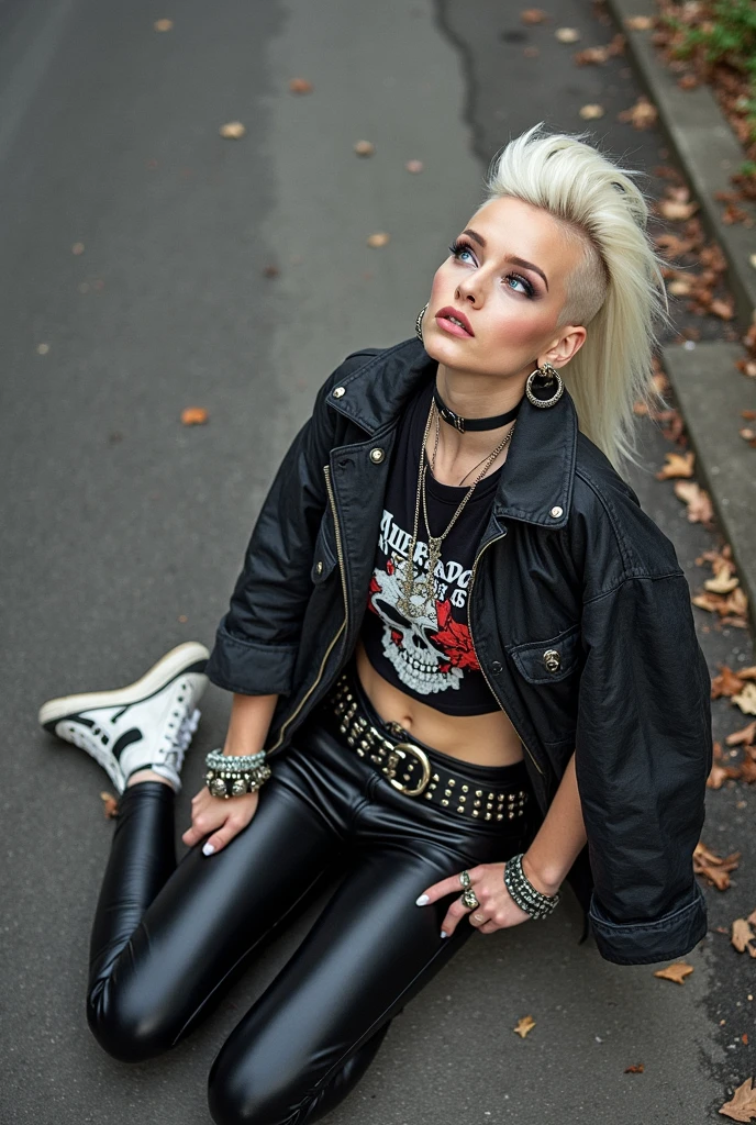 russian milf, platinum blonde hair, long neck, long hair in pompadour male style with shaved sides but long in the back. Big light blue eyes, very pale, excess of makeup. Wearing black moto jacket with popped up collar, cropped rock band t-shirt with low neckline, black shiny leggings and dirty white tennis sneakers. Big loop earrings. Wide tacky belt with big buckle, dog collar, lots of rings and studded bracelets , Full body, kneeling with thumbs in pockets in the street, looking up in awe. Point of view from above