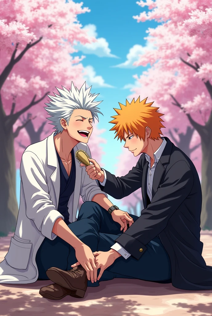  Toshiro Hitsugaya from bleach laughing while getting his feet tickled by ichigo kurosaki using a hairbrush 