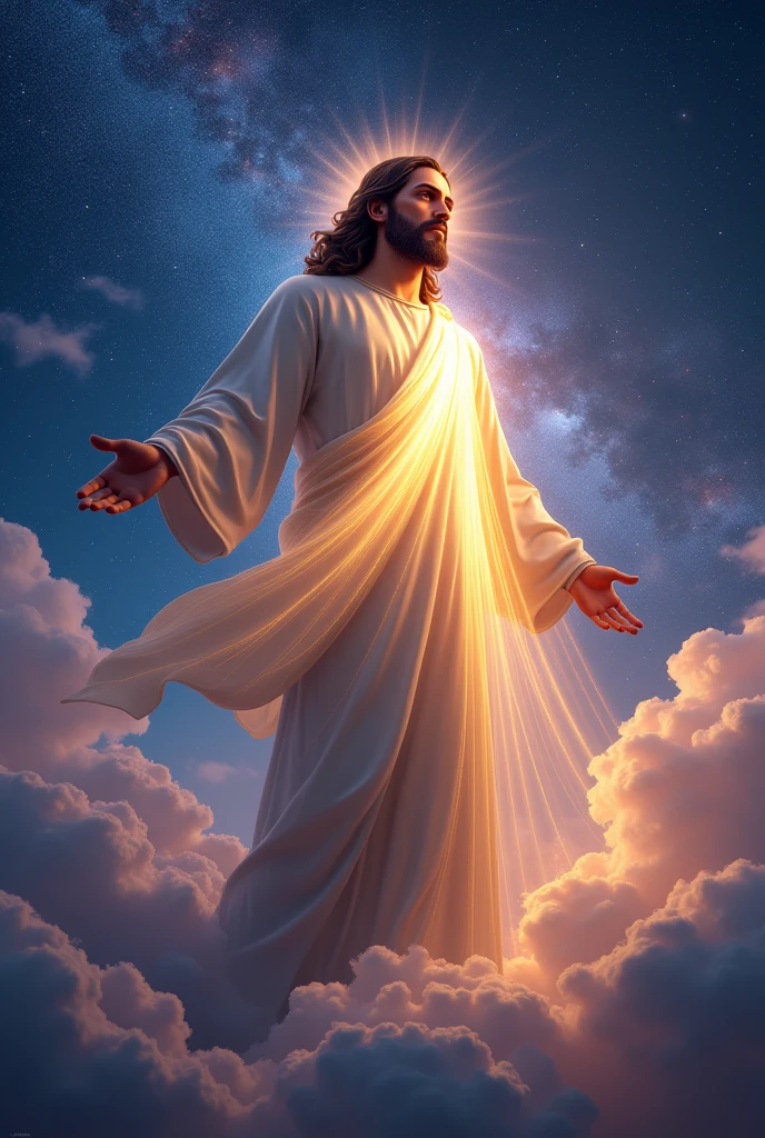 Jesus Christ in glory here on Earth with stars, 3D drawing 