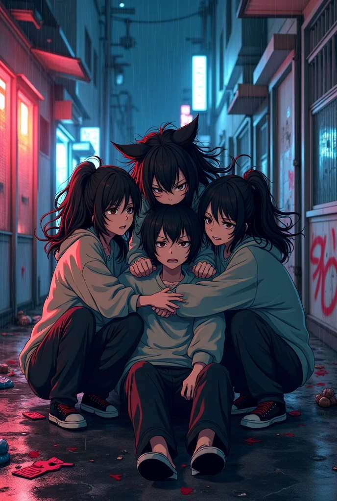 A group of angry girls with loose dark pants and sweaters and fox features sitting on the body of a dead anime boy, strangling him.
