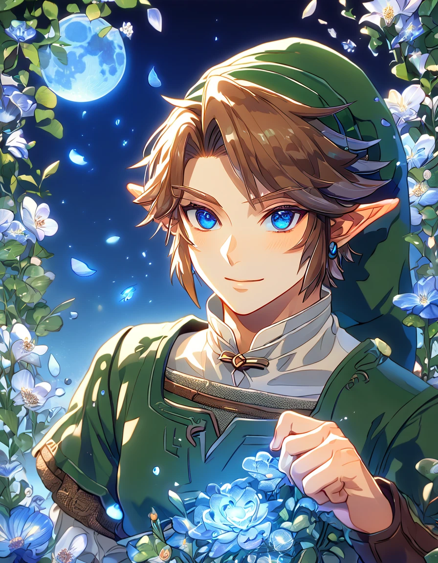 absurdres, highres, ultra detailed, HDR, master piece, Link, brown hair, expressive blue eyes, green tunic, green hat, The Legend Of Zelda (Twilight Princess), sexy man, best quality, blue moon, flowers, fantasy, magical, sensual, handsome, water, blue shining fireflies, blue petals, handsome smile, solo