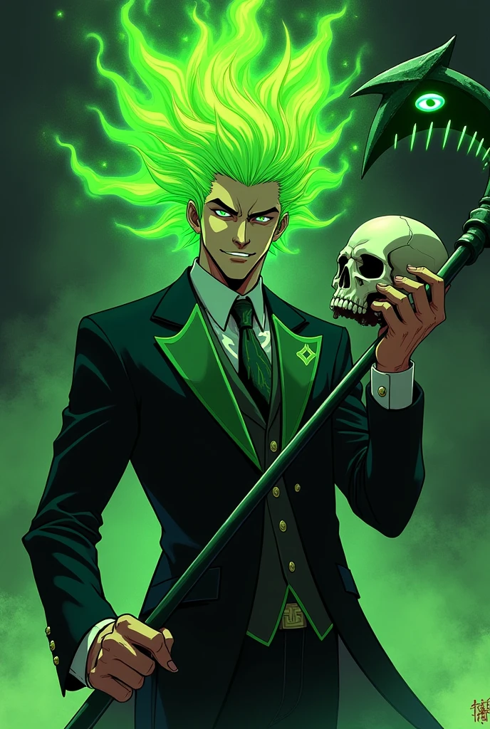 a man with green flames, sporting a mischievous grin in place of his head (His hair is like flames), Wearing a black suit with green details holding a halberd with a dark green blade with an eye and teeth with bright tips in light green, Acid style and holding a skull in his left hand pointing the halberd at the skull with his right hand (style of anime/sleeved/manhwa)