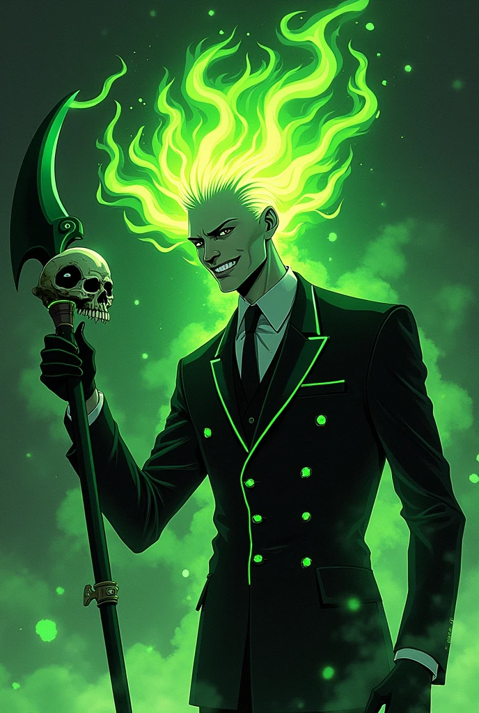 a man with green flames, sporting a mischievous grin in place of his head (His hair is like flames), Wearing a black suit with green details holding a halberd with a dark green blade with an eye and teeth with bright tips in light green, Acid style and holding a skull in his left hand pointing the halberd at the skull with his right hand (style of anime/sleeved/manhwa)