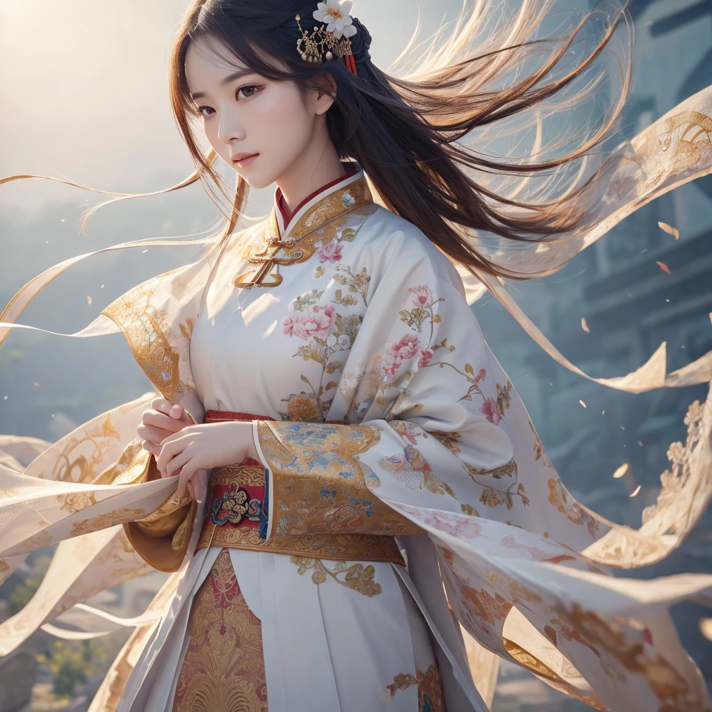 , ancient chinese costume, whole body, sunlight, Clear Face, Clean white background, masterpiece, Super Detail, A magnificent composition, Ultra HD, high quality, Very detailed, Official Art, Uniform 8k wallpaper, Super Detail, 32K