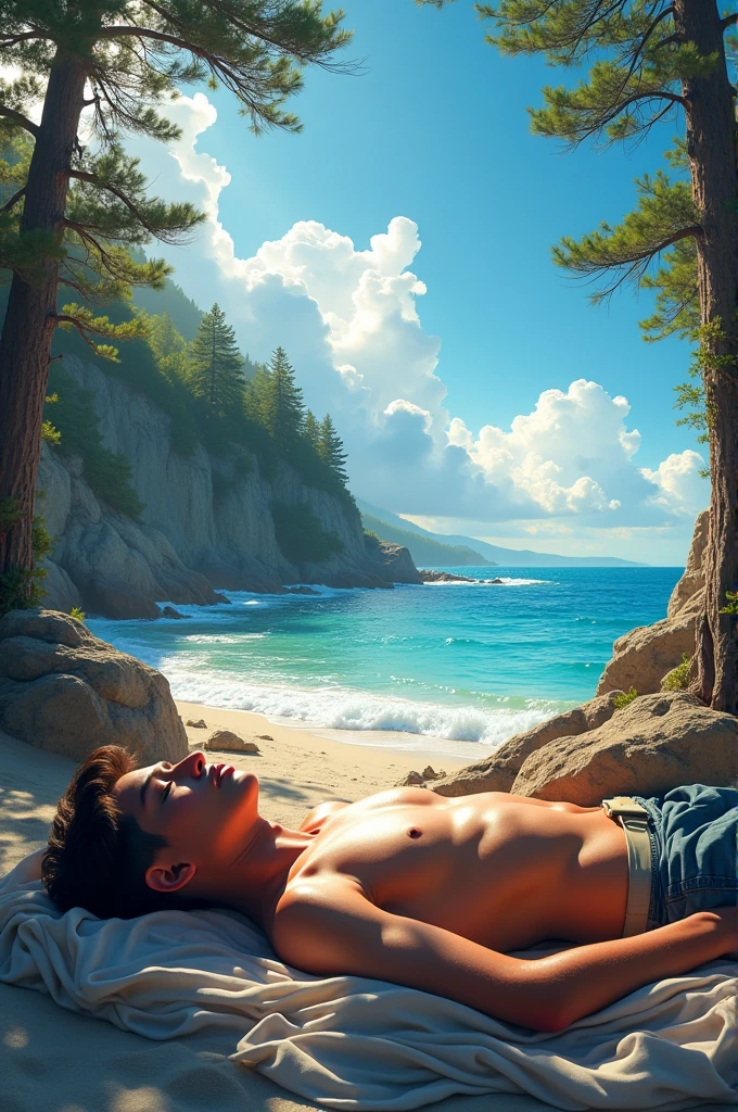 A men 20 year old sleeping near the mountain and beach