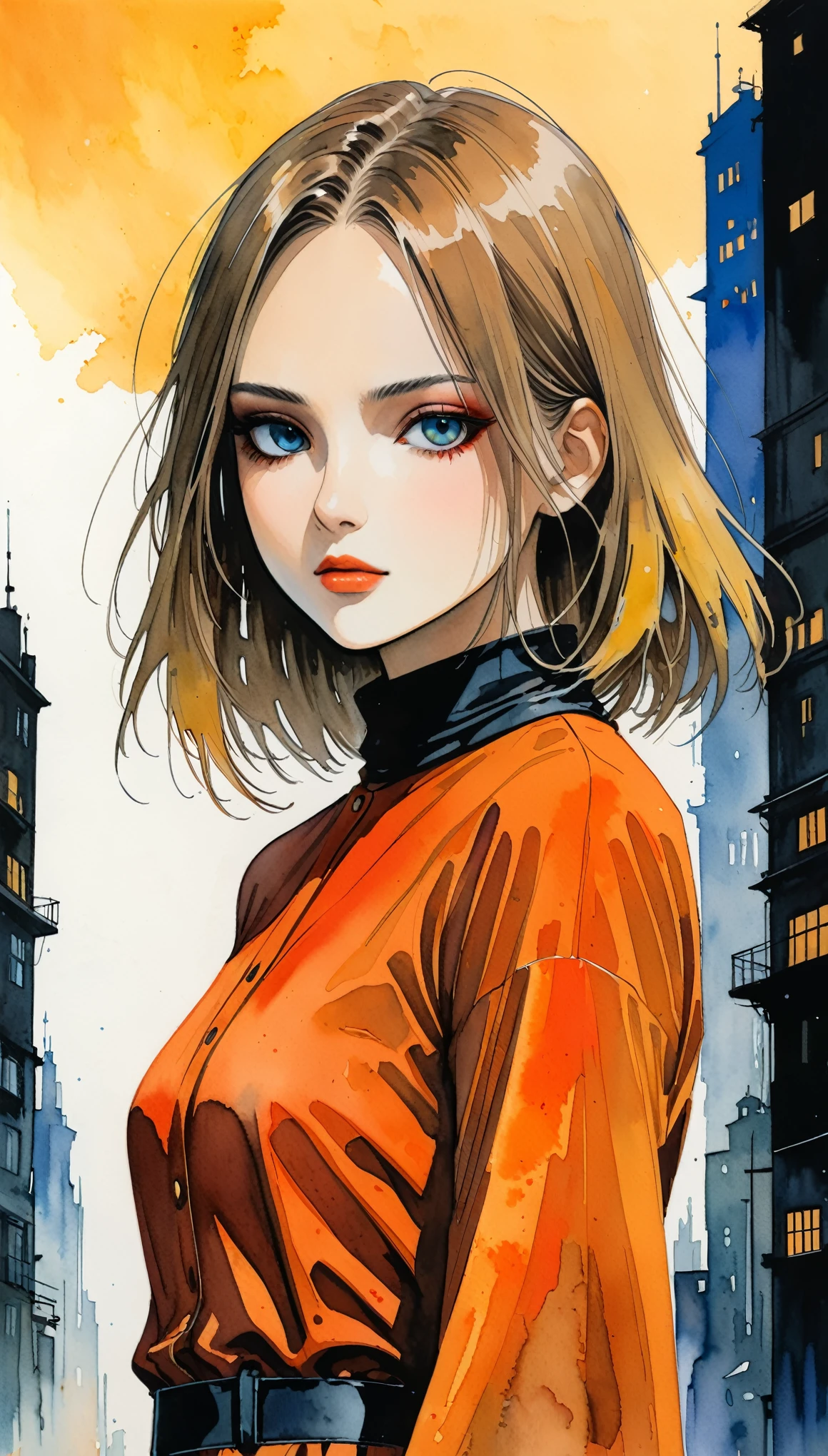 in style of Santiago Caruso,in style of Hans Hartung,in style of Alex Andreev
(1girl,character conceptual design,half body),gravure_pose,transparent watercolor,acrylic gouache,flat_color,detailed characters,perfect face,vivid eyes and makeup,legendary urban background