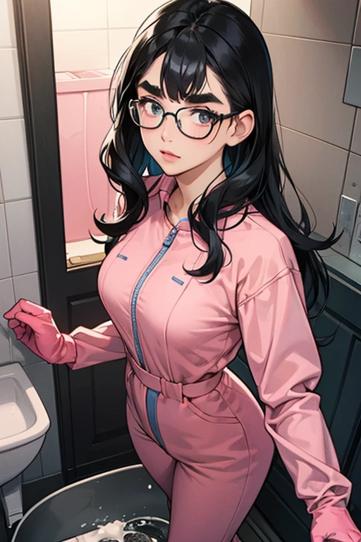 A black-haired, freckled girl with glasses wearing large pink rubber gloves and a blue long-sleeved jumpsuit Thick eyebrows Dirty toilet