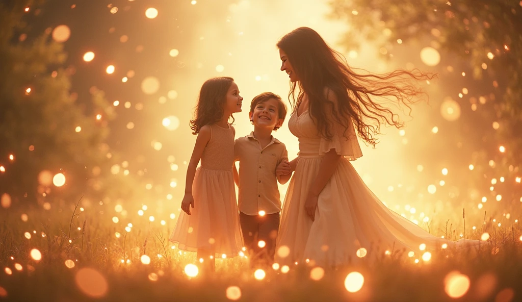 Magical Mom with her children, boy and girl surrounded by Light, portals of light, and sparks of light, colors in the image: beige, dorado, Brown, orange, white, pale pink,