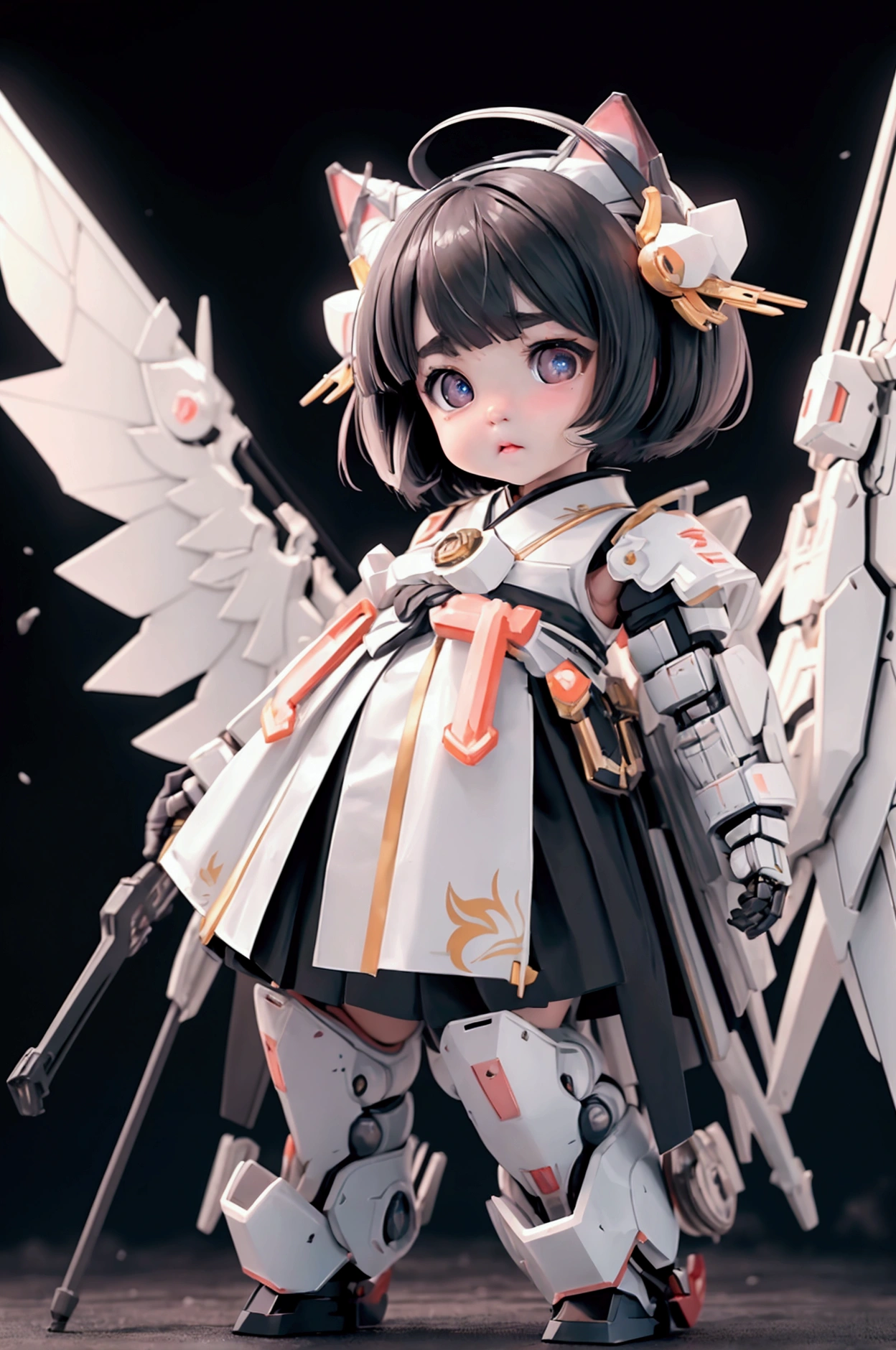 {(Japanese young girl)}, (She is fused with a Gundam mecha from the future.:1.1), White Theme, With headgear, With V fin , ((Unarmored tear)), ((Unarmored stomach)), ((Unarmored upper arm)), ((Unarmored face)), (Unarmored hand), (Non-armored waist), ((Unarmored thigh)), (Unarmored ankle), Japanese wearing a white Miko-style Hakama, Get on all fours:1.2,  whole body:1.5, ,Destroyed city background, Multi-layer texture perfect ratio, Octane Rendering, Duotone Lighting, Low ISO, wide aperture, White balance, Three-part method, Ultra HD 16k, High resolution (High Dynamic Range), Ray Tracing, NVIDIA, Super Resolution, Scattered beneath the surface, PBR Texturing, Post-processing, Anisotropic Filtering, Depth of written boundary, Maximum clarity and sharpness, Highly efficient subpixels, Subpixel Convolution, Particles of light, Scattered Light, Tyndall effect, whole body:1.5, dorsal position, cute, (cute:1.2), (Bobcut:1.3),Cat ear, Black Hair, Thick eyebrows, Light-colored irises, Big, bright black eyes, Long eyelashes, Small, light-colored, natural lips, (The average face of the Japan idol), (日本人特有のBaby Face:1.3), (Baby Face), Wide forehead:1.2, Plump Cheeks, Small jaw, Visible side boob, (Mechanical Wings), Have a weapon,巨大なHave a weapon, Has a very large shield, , Asymmetrical body,View your viewers,Focus on the eyes,Sleek and intimidating design, (Four perfect fingers, One thumb),