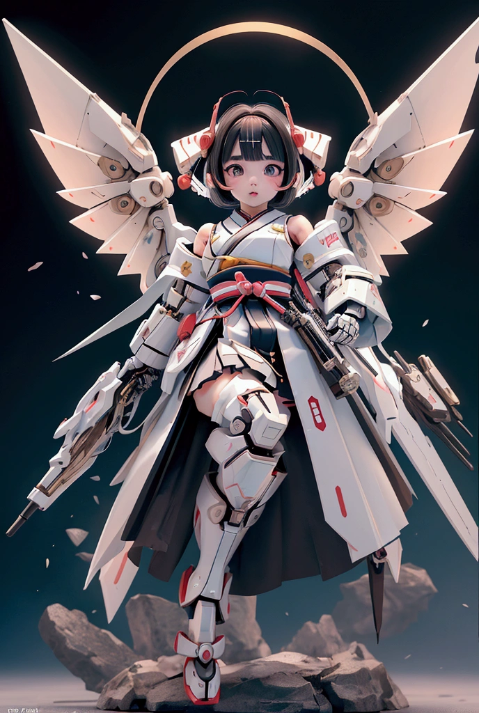 {(Japanese young girl)}, (She is fused with a Gundam mecha from the future.:1.1), White Theme, With headgear, With V fin , ((Unarmored tear)), ((Unarmored stomach)), ((Unarmored upper arm)), ((Unarmored face)), (Unarmored hand), (Non-armored waist), ((Unarmored thigh)), (Unarmored ankle), Japanese wearing a white Miko-style Hakama, Get on all fours:1.2,  whole body:1.5, ,Destroyed city background, Multi-layer texture perfect ratio, Octane Rendering, Duotone Lighting, Low ISO, wide aperture, White balance, Three-part method, Ultra HD 16k, High resolution (High Dynamic Range), Ray Tracing, NVIDIA, Super Resolution, Scattered beneath the surface, PBR Texturing, Post-processing, Anisotropic Filtering, Depth of written boundary, Maximum clarity and sharpness, Highly efficient subpixels, Subpixel Convolution, Particles of light, Scattered Light, Tyndall effect, whole body:1.5, dorsal position, cute, (cute:1.2), (Bobcut:1.3),Cat ear, Black Hair, Thick eyebrows, Light-colored irises, Big, bright black eyes, Long eyelashes, Small, light-colored, natural lips, (The average face of the Japan idol), (日本人特有のBaby Face:1.3), (Baby Face), Wide forehead:1.2, Plump Cheeks, Small jaw, Visible side boob, (Mechanical Wings), Have a weapon,巨大なHave a weapon, Has a very large shield, , Asymmetrical body,View your viewers,Focus on the eyes,Sleek and intimidating design, (Four perfect fingers, One thumb),