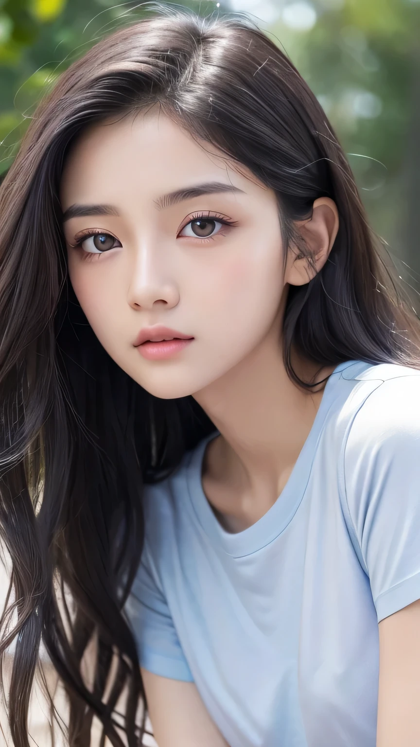 Highest quality、Realistic、、zoom、look up、cute、Light grey eyes、Black Hair、Long wavy hair、boyish、Dark Skin、Light Blue T-Shirt、Eyes that see far、Face close-up、thin
