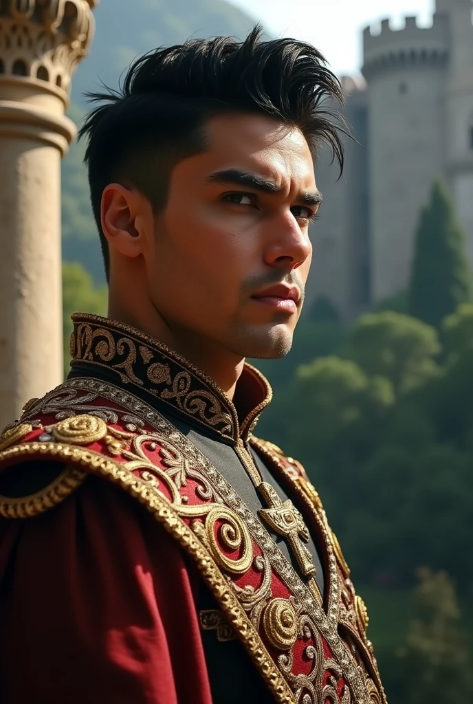 handsome 25 year old man, a tough but handsome profile, tanned skin, black hair that is well-styled, black eyes, unfriendly face, in a king's outfit.