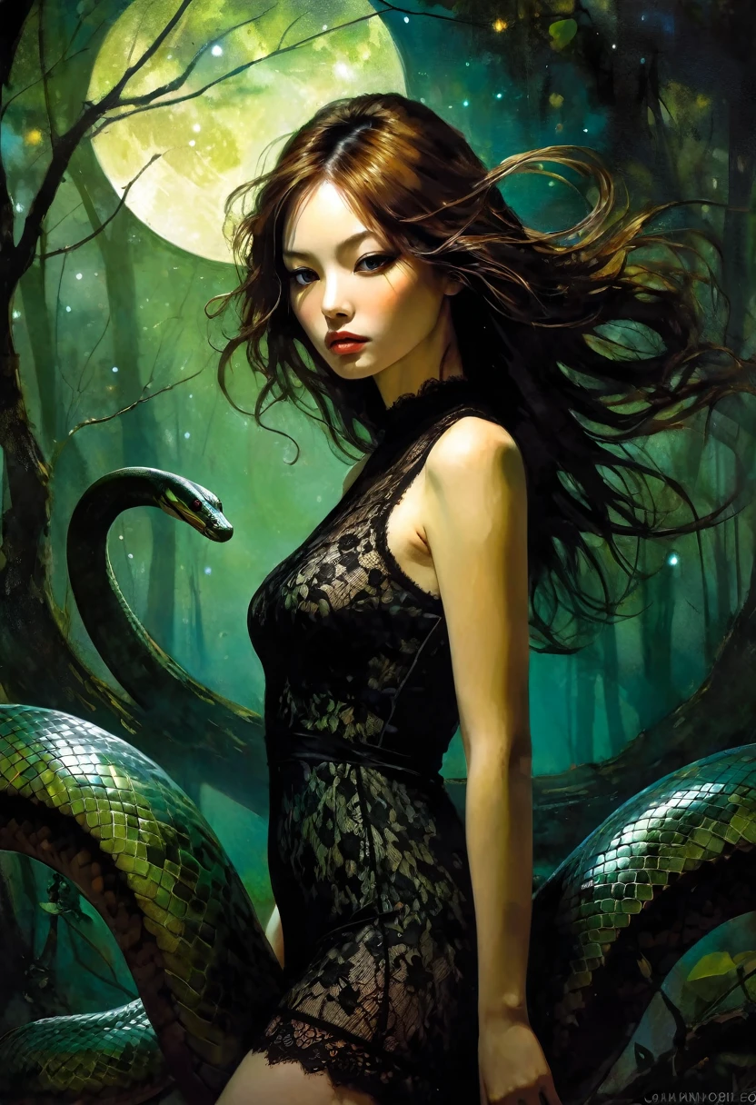 girl and giant snake,forest, calm, night, moons, stars, eroticism,long brown hair, korean face features, sexy, sexy black lace dress,green tones, between shadows, oil painting, chiaroscuro, sensual, dramatic lighting, moody atmosphere, photorealistic, intricate details, masterpiece, ultra-detailed, high quality, 8k, best quality, realistic, cinematic, dark and brooding, expressionistic, powerful composition, emotional impact, {{{,{pussy,spread her pussy,cum,cum on pussy,masterbation,straddling,y}}},cute,ultra detailed skin,sketch}}}, ,}}}, art inspired by Bill Sienkiewicz and Dave McKean (best quality, 4k, 8k, high resolution, masterpiece: 1.2), ultra-detailed, (realistic, photorealistic, photorealistic: 1.37), details intricate, vivid colors, sharp focus, professional, Dave McKean artwork, surrealism oil touch, oil painting style, portrait, woman, beautiful detailed eyes, beautiful detailed lips, dreamy atmosphere, shadow play, lighting soft, fun pose, dark tones, ethereal background, fantasy elements, texture, layered composition.