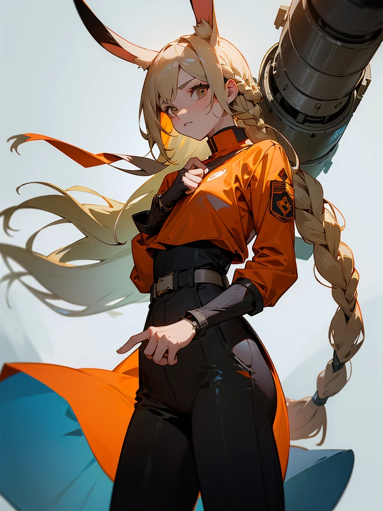 "Create a female character in a futuristic environment, With a detailed appearance and striking style. She should be wearing a white mask with rabbit ears, Which gives her a mysterious and somewhat playful appearance. The mask should have subtle details that suggest a touch of technology or futuristic functionality.
The character's hair should be blonde, smooth ass, And be tied in a long braid that goes down her back. Dress her in a vibrant orange T-shirt, Slightly worn, With the word 'Free Fire' printed on the back. Underneath the t-shirt, She should wear a long black sleeve that covers her arms.
The character should be wearing black pants with utility details, As extra bags, buckles, And orange belts with the word 'Boom' inscribed on them, Adding a military touch to her look. She should also wear black and yellow athletic boots with a robust and futuristic design, Complementing her outfit with practical and functional accessories.
The character's pose should be standing, com uma postura confiante, Suggesting readiness and determination. The background should be dark with soft lighting that highlights the colors of the costume and the details of the mask, While the environment around suggests a futuristic and slightly dystopian urban space, With highlights and shadows."