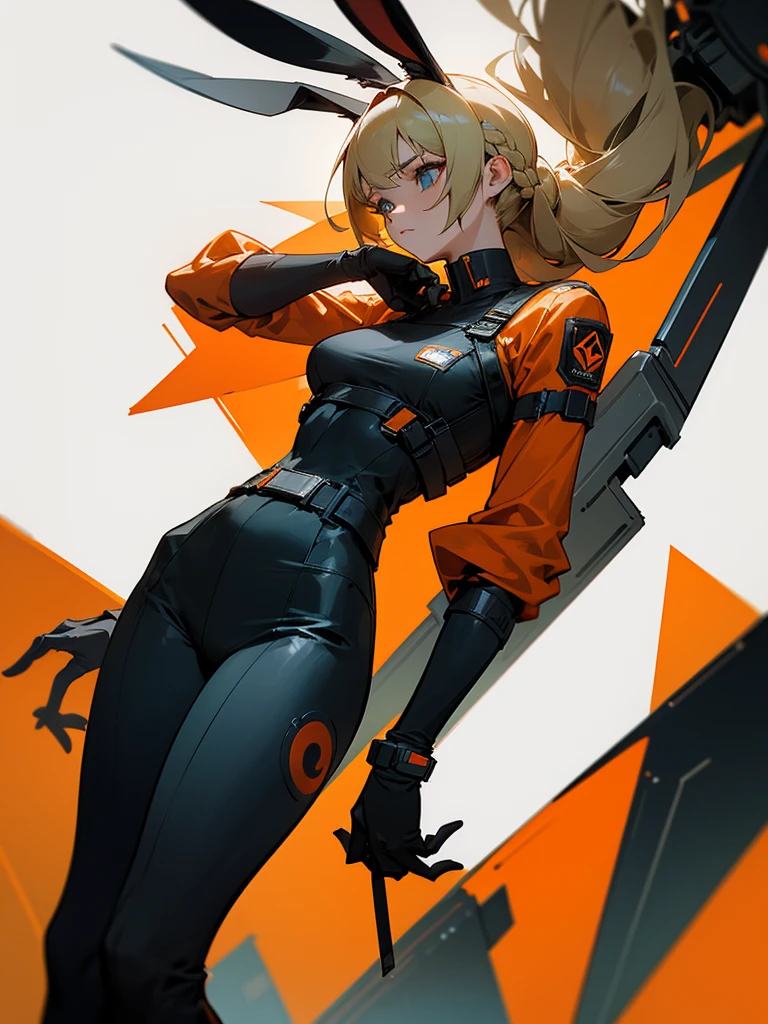 "Create a female character in a futuristic environment, With a detailed appearance and striking style. She should be wearing a white mask with rabbit ears, Which gives her a mysterious and somewhat playful appearance. The mask should have subtle details that suggest a touch of technology or futuristic functionality.
The character's hair should be blonde, smooth ass, And be tied in a long braid that goes down her back. Dress her in a vibrant orange T-shirt, Slightly worn, With the word 'Free Fire' printed on the back. Underneath the t-shirt, She should wear a long black sleeve that covers her arms.
The character should be wearing black pants with utility details, As extra bags, buckles, And orange belts with the word 'Boom' inscribed on them, Adding a military touch to her look. She should also wear black and yellow athletic boots with a robust and futuristic design, Complementing her outfit with practical and functional accessories.
The character's pose should be standing, com uma postura confiante, Suggesting readiness and determination. The background should be dark with soft lighting that highlights the colors of the costume and the details of the mask, While the environment around suggests a futuristic and slightly dystopian urban space, With highlights and shadows."