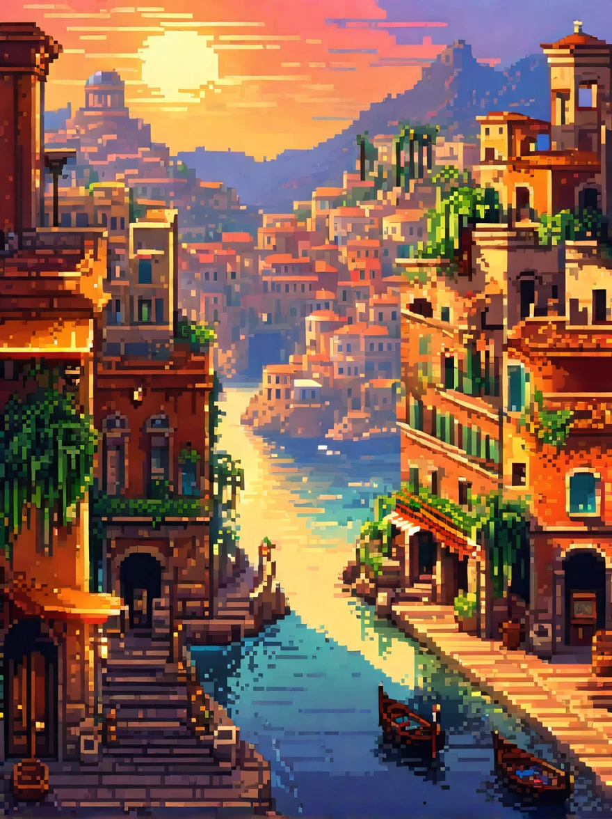 retro vintage game, classic 8-bit pixelated , Roma antiga, video game, sunset, Thu, detailed pixel art, detailed environmental elements, highly detailed pixel city design, beautiful vivid colors, Immersive atmosphere, small details, nostalgia, (best qualityer, swirly vibrant colors, 8k, high resolution, work of art:1.2),ultra detali,(realisitic,photorealisitic,photo-realisitic:1.4),studio lighting,extremely detailed pixel art,extremly detailed face and eyes,extremely detailed pixel textures,incredibly intricate pixel-level detail,striking colors,swirly vibrant colors,lush pixel environment