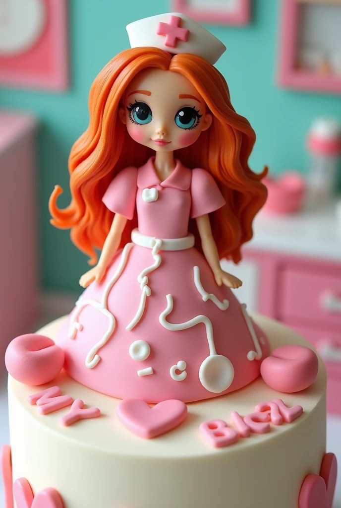 Nurse themed cake topper with the name Adriele and the doll wearing a pink dress and red-golden hair