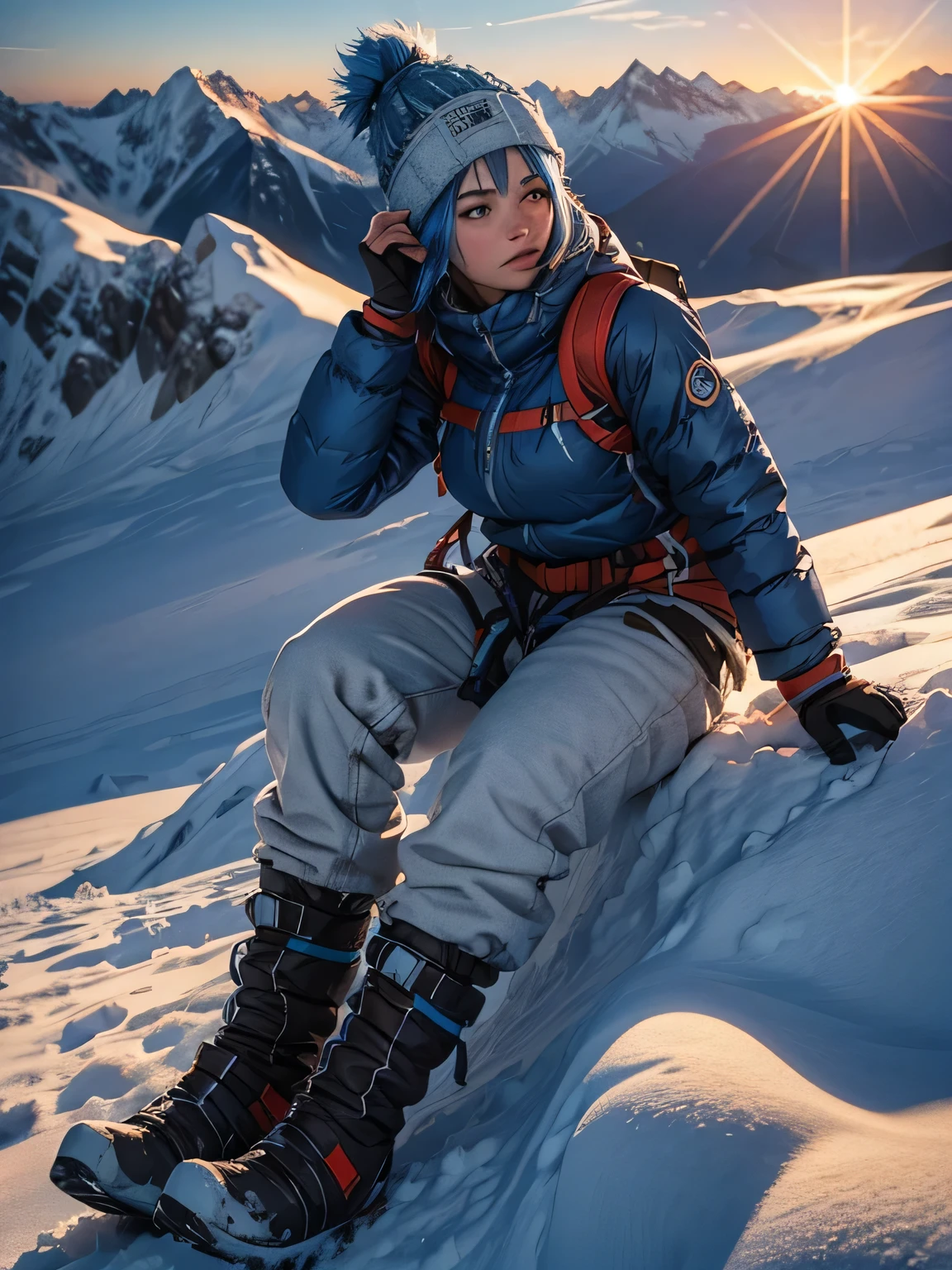 female climber at summit, heavy winter gear, mountaineering boots, frost-covered face, no sunglasses, expression of determination, sunrise light, snow-capped mountains, high-resolution, realistic textures, breath visible in cold air, blue hair, short hair, Wear a knitted hat