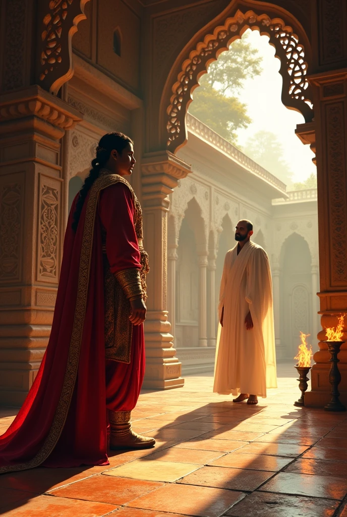 "King Vikramaditya, in his regal attire, confidently replies that the young man's deed was greater because it was not his duty to help, yet he did. Betal, still draped in white, looks satisfied as he prepares to escape once again into the forest."