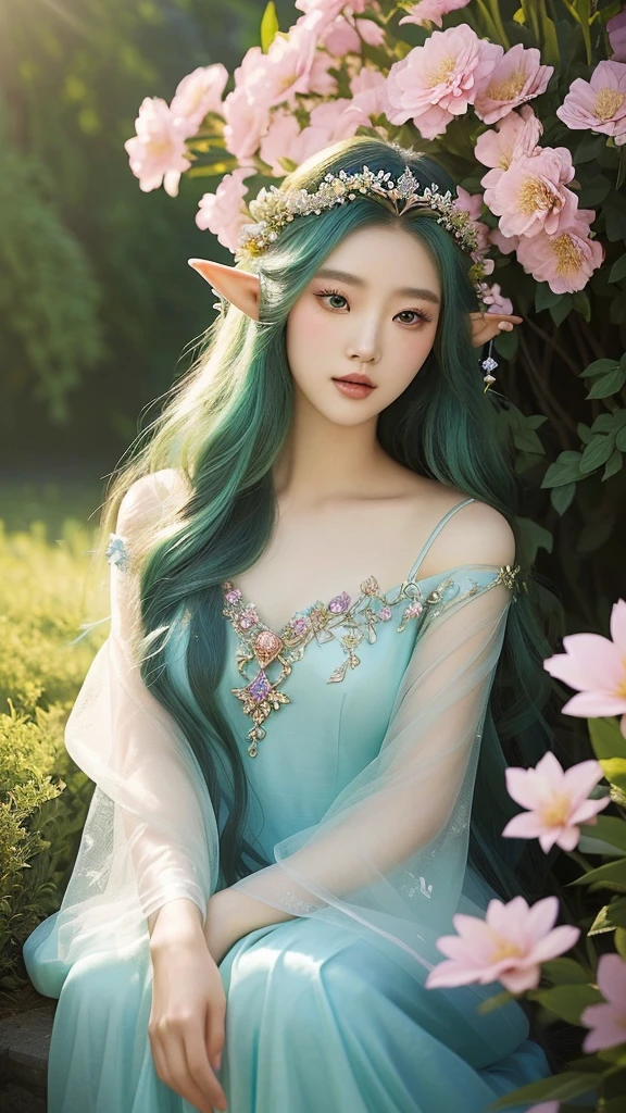 korean girl in a dress with flowers in her hair, a beautiful fantasy empress, beautiful face, beautiful maiden, beautiful and elegant elf queen, beautiful fantasy maiden, ((a beautiful fantasy empress)), fantasy outfit, fantasy beautiful, fantasy art style, very beautiful elven top model, beautiful elven princess, fantasy woman, beautiful goddess, ethereal beauty, hyperdetailed fantasy character