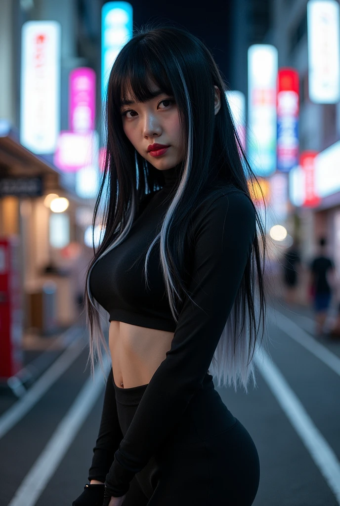 A Japanese woman with a youthful face and black hair with white tips on her long hair, Mouth piercing and a toned body with black clothes.