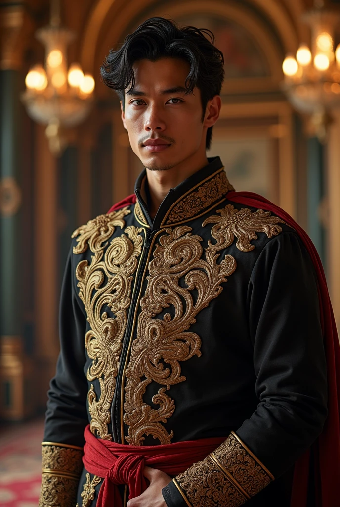 handsome 25 year old man, a tough but handsome profile, tanned skin, black hair that is well-styled, black eyes, unfriendly face, in a king's outfit.