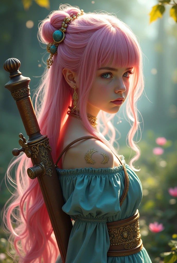 A very beautiful and young girl, Her hair is extremely pink and she has two blue streaks, Her skin is white and delicate and she has golden magical symbols on her shoulder and neck that are like tattoos, Her clothes are very elegant and chic, demonstrating wealth, She is the daughter of a fairy and carries with her her lute and two beautiful swords., She is a bard 