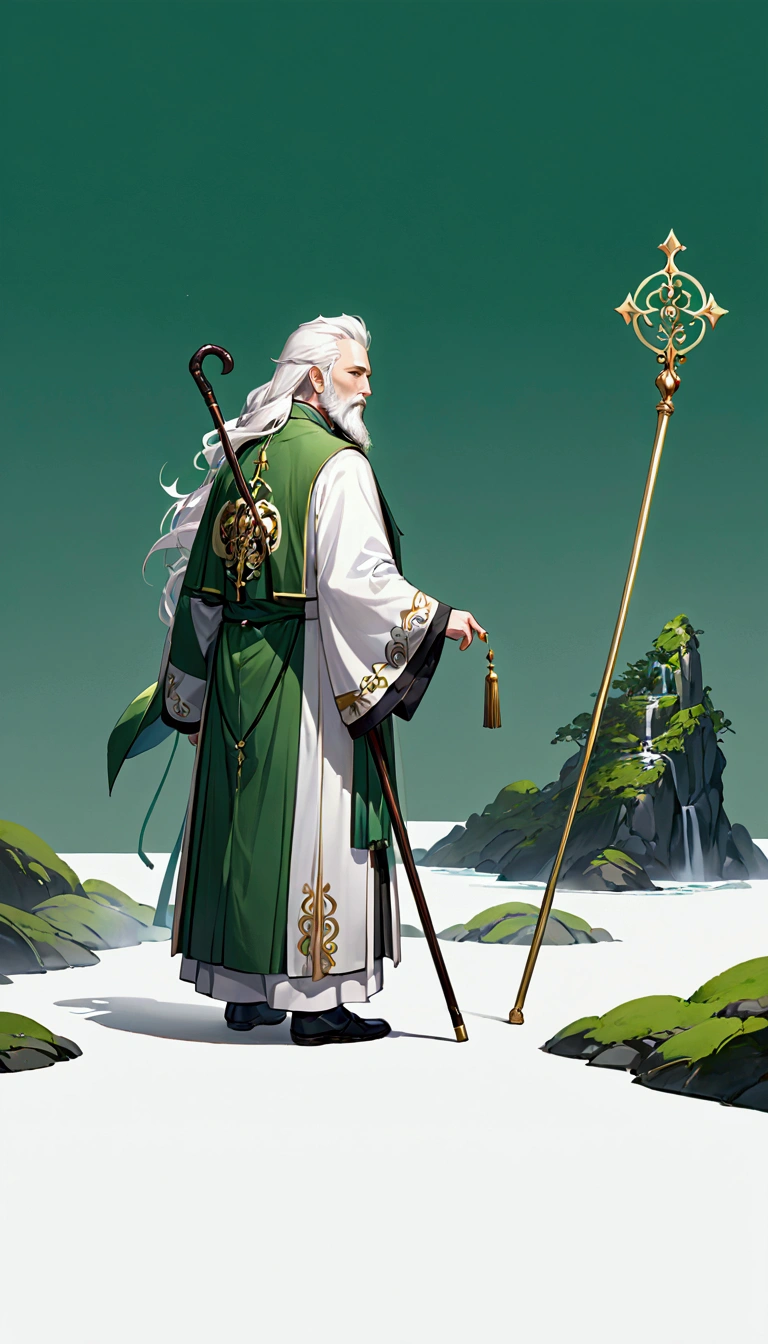 Highest quality、high resolution、High detail、Priest、All-back white hair、Cool Uncle、Long white hair and a beard、whole body、Cane、Green Robe、おじいちゃん、ちび、ねんどろいど