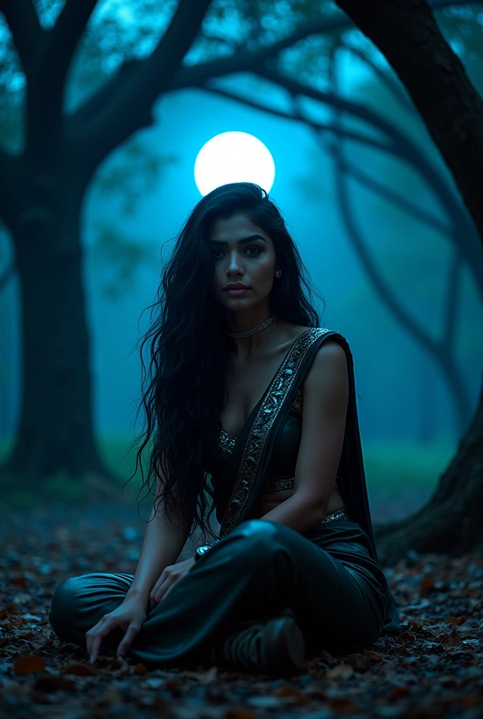 Mouni roy actress with extreme long hair, wearing saree wet, indian culture,big boobs ,no blouse, sitting below the tree night time dark forest,blue moon light, tempting the viewer sexy look