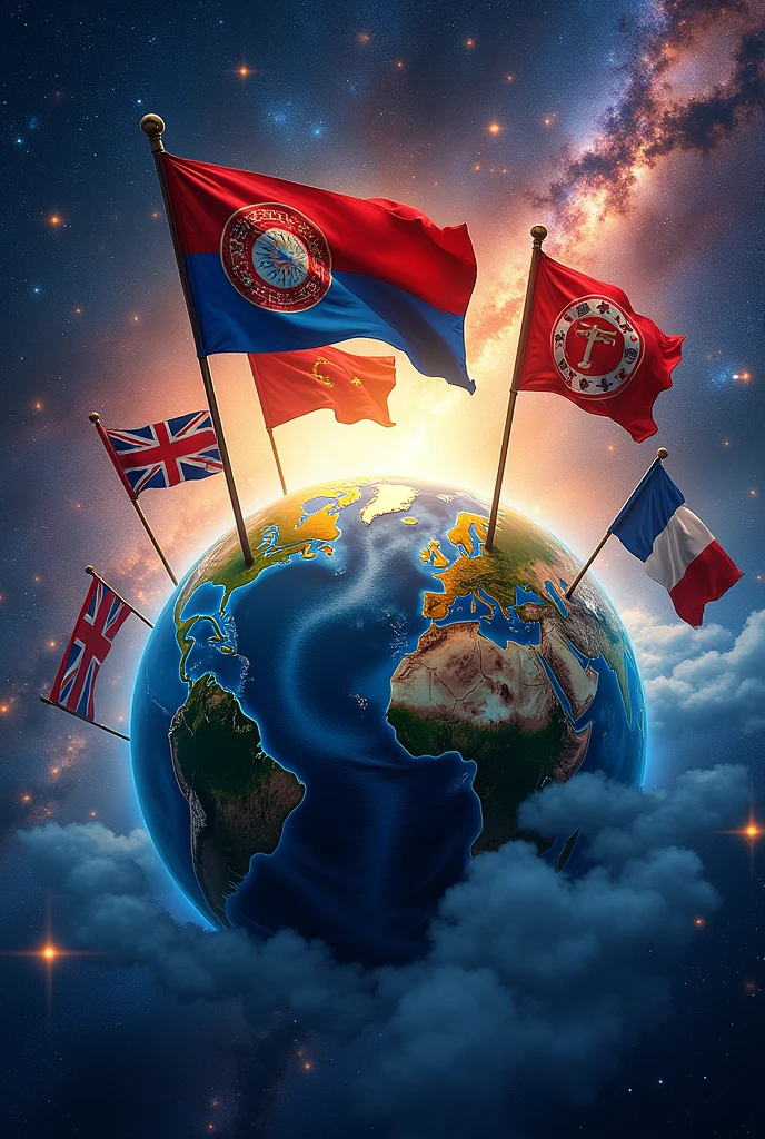 An image where multiple countries dominate the world but their flags are displayed, with more countries included.