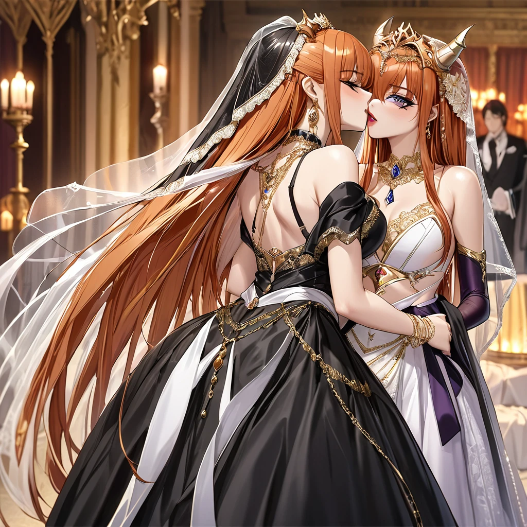 ((Highest quality)), ((masterpiece)), (detailed), （Perfect Face）、The woman is Maya Cordelia, the Demon Queen, with orange semi-long hair. She is wearing a luxurious black vintage wedding dress with gold embroidery and trim, along with a black wedding veil. She is also adorned with luxurious earrings and an engagement ring, completing her look with opulent accessories.、The woman, a devil, embraces the wicked demon king man, shares a vowing kiss, and holds a wedding ceremony.、The woman became the wife of the demon king, becoming the demon queen and becoming the demon king's companion for life.