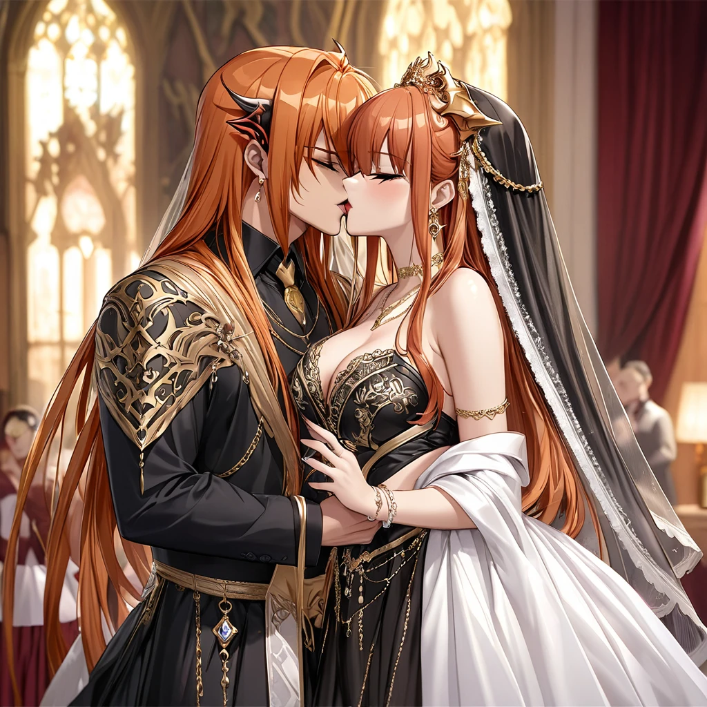((Highest quality)), ((masterpiece)), (detailed), (Perfect Face)、The woman is Maya Cordelia, the Demon Queen, with orange semi-long hair. She is wearing a luxurious black vintage wedding dress with gold embroidery and trim, along with a black wedding veil. She is also adorned with luxurious earrings and an engagement ring, completing her look with opulent accessories.、The woman, a devil, embraces the wicked demon king man, shares a vowing kiss, and holds a wedding ceremony.、The woman became the wife of the demon king, becoming the demon queen and becoming the demon king's companion for life.