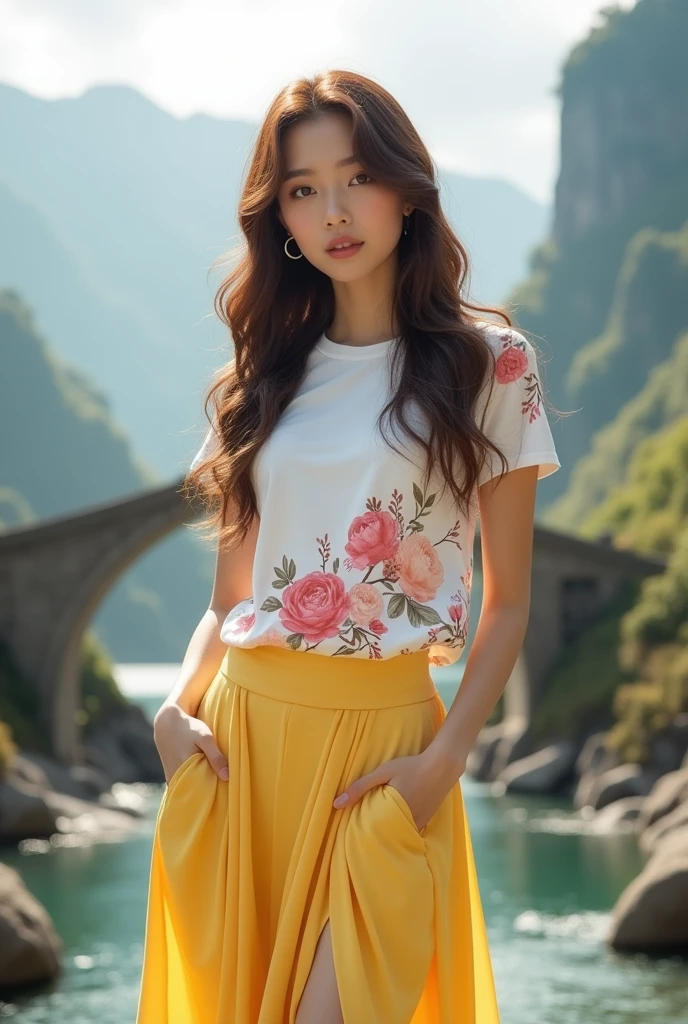 (Realisticity:1.4),Cinematic Lighting,1Girl,(standing,beautiful long_Slender_legs),(korean mixed,kpop idol:1.2),earrings,necklace,(long_brown_wavy_hair),pink_red_shiny_lips,eyelashes,make-up,shiny,Pore,skin texture,beautiful breasts,smile, ((Watercolor floral print t-shirt with delicate and romantic blossoms in soft pastel shades, yellow long dress)),((Incredible mountainous panorama, summer, Charming bridges, Rivers)), seductive pose,