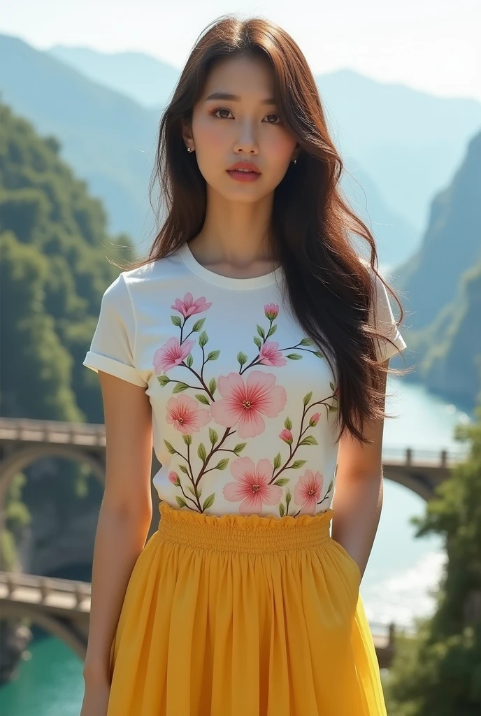 (Realisticity:1.4),Cinematic Lighting,1Girl,(standing,beautiful long_Slender_legs),(korean mixed,kpop idol:1.2),earrings,necklace,(long_brown_wavy_hair),pink_red_shiny_lips,eyelashes,make-up,shiny,Pore,skin texture,beautiful breasts,smile, ((Watercolor floral print t-shirt with delicate and romantic blossoms in soft pastel shades, yellow long dress)),((Incredible mountainous panorama, summer, Charming bridges, Rivers)), seductive pose,