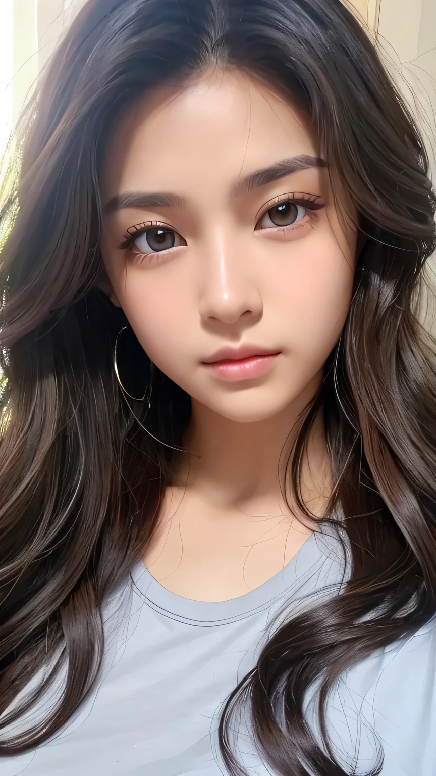 Highest quality、Realistic、、zoom、look up、cute、Light grey eyes、Black Hair、Long wavy hair、boyish、Tanned brown skin、Dark Skin、Light Blue T-Shirt、Eyes that see far、Face close-up、thin