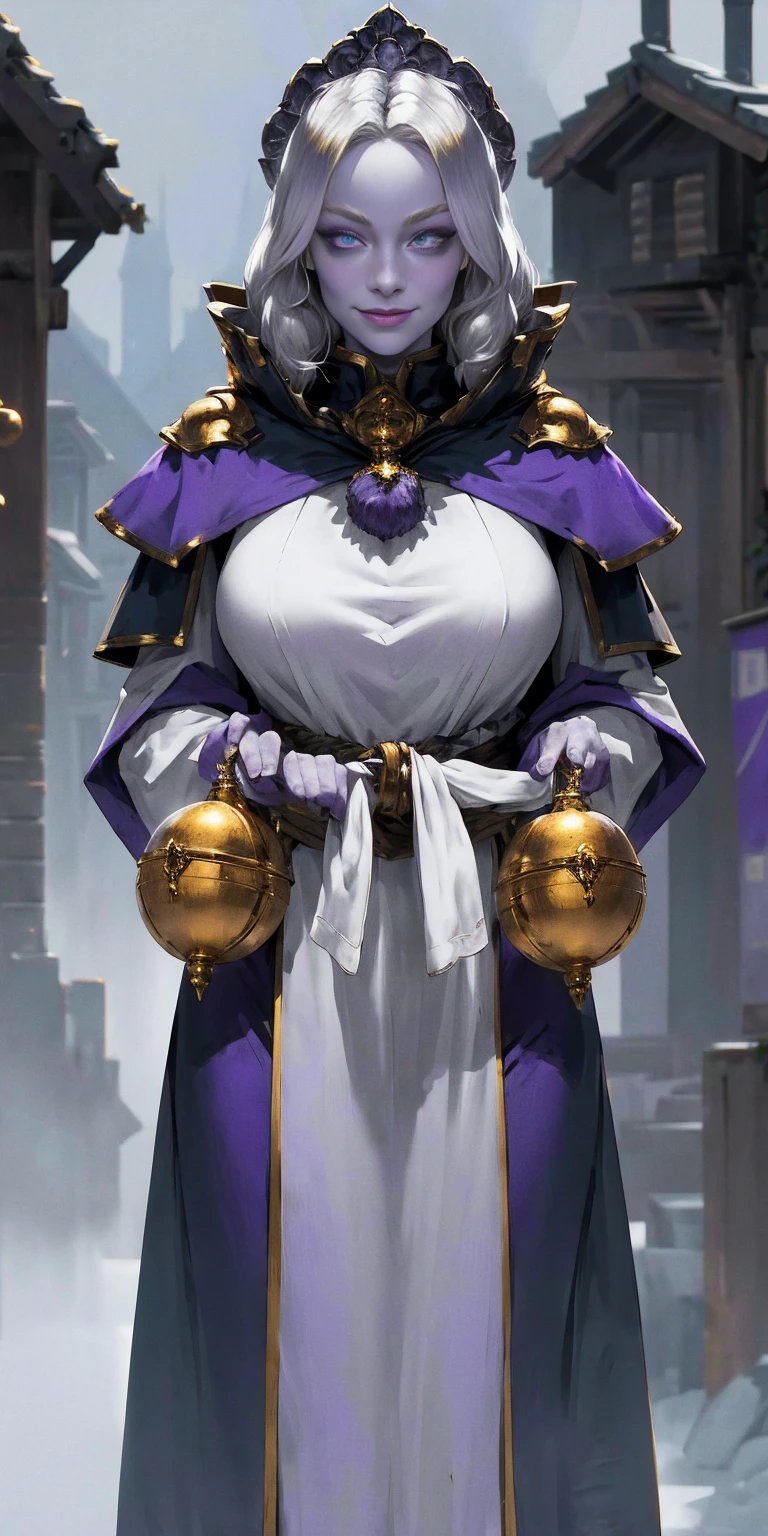 (Triplets)(chest covered)(smile)Gray skin, pale golden hair and violet eyes. They prefer clothing of white and silver with cloaks of deep blue or purple,village background, huge_knockers, ((very precise detailed)), ((highres)