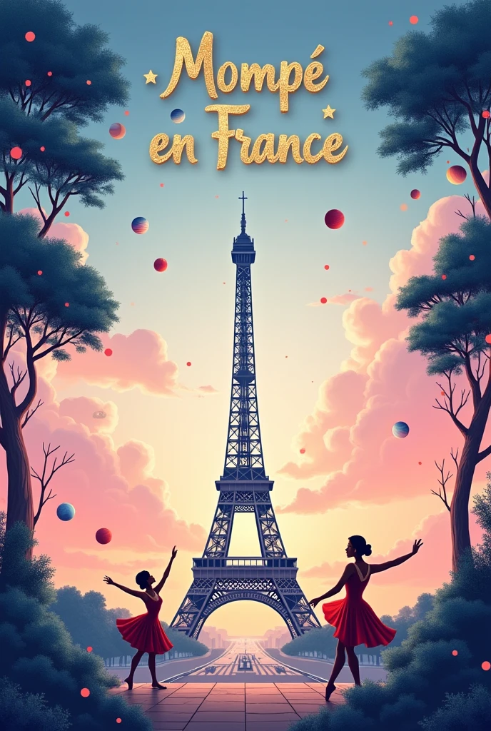 create a visual identity for a ballet show called "Mompê en France" (Place the name on the image in a golden font) with the main colors light pink and royal blue, Place the Eiffel Tower and the French flag in the background and subjective elements related to: Little Prince, moulin rouge, can can, French Revolution, emerald (The Hunchback of Notre Dame)