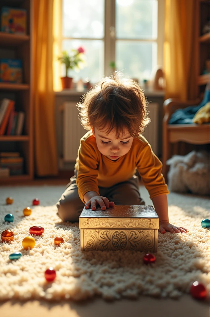 Young boy observing a gleaming box